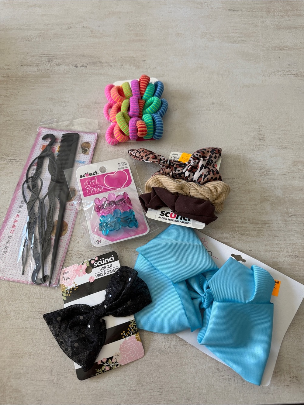 5 piece lot!  Bright Blue Grosgrain Bow & Multicolor Kids Hair Set